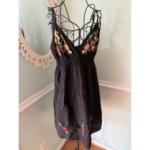 OCEAN BREEZE 90s/Y2K Black Embroidered Beach Cover / Sundress‎ L